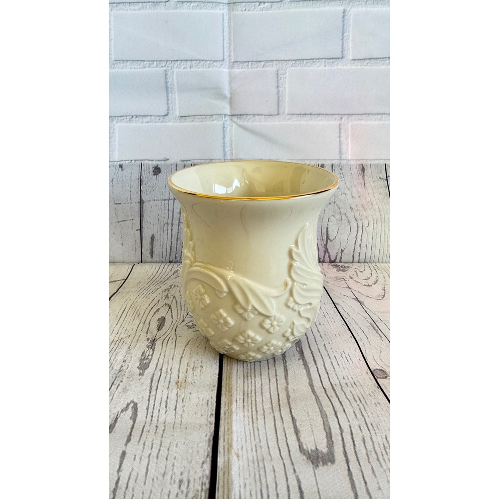 Lenox Vase Ivory Fine China Gold Trim Embossed Floral 4.5 Inch